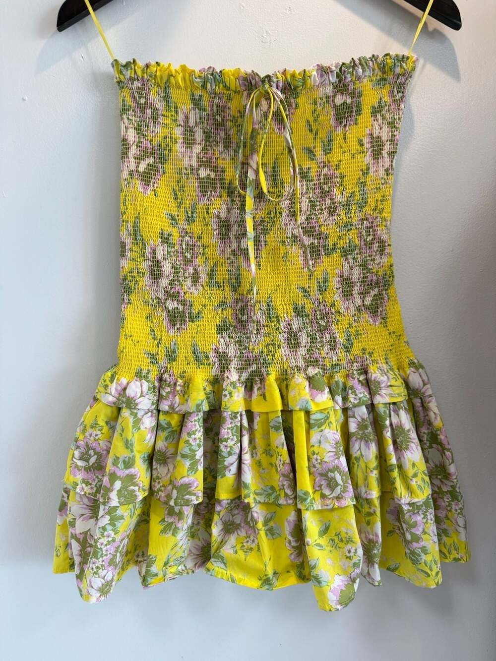 Olivaceous Yellow Floral Smocked Ruffle Mini Dress